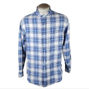 Brooks Brothers Irish Flax Linen Plaid Button Front Shirt Blue Cream Size Large